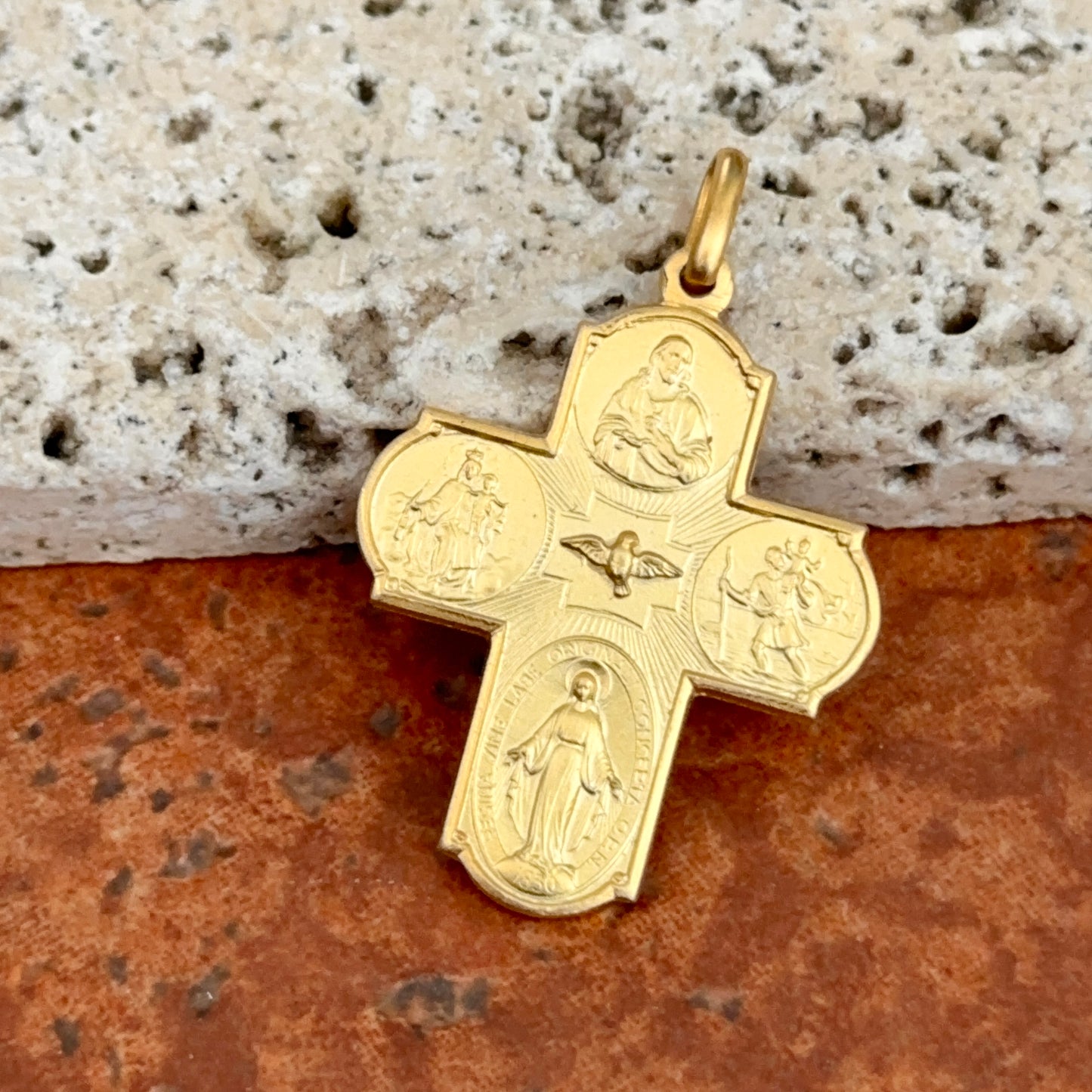 14KT Yellow Gold Matte Four Way Cross Medal Pendant 30mm