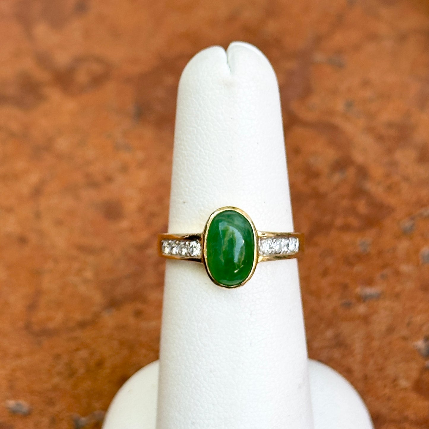 Estate 14KT Yellow Gold Cabochon Green Jade + Diamond Band Ring