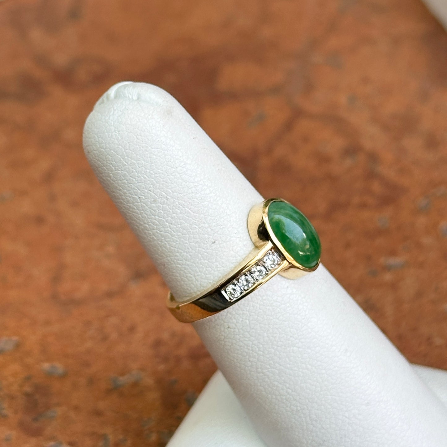 Estate 14KT Yellow Gold Cabochon Green Jade + Diamond Band Ring