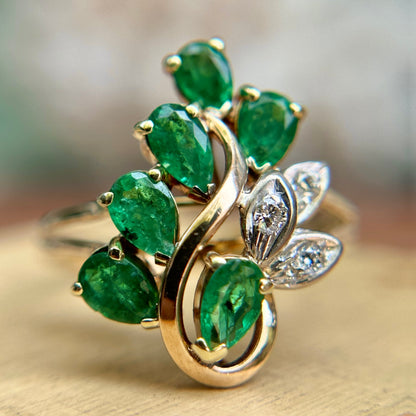 Estate 14KT Yellow Gold Pear Emerald + Diamond Cluster Ring