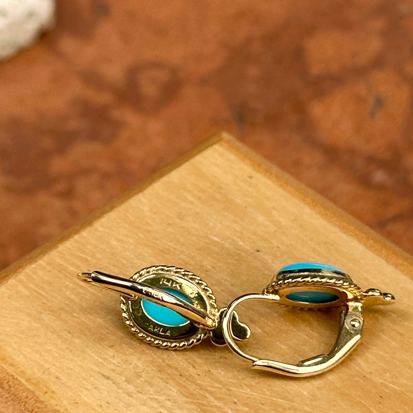 14KT Yellow Gold Cabochon Oval Turquoise Frame Lever Back Earrings