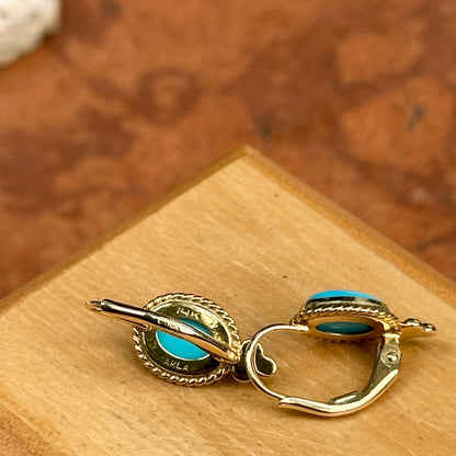 14KT Yellow Gold Cabochon Oval Turquoise Frame Lever Back Earrings