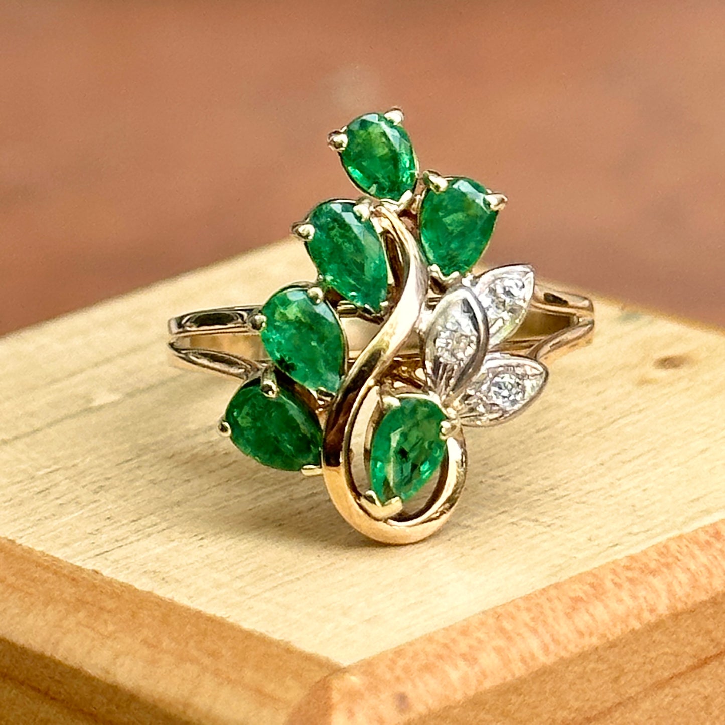 Estate 14KT Yellow Gold Pear Emerald + Diamond Cluster Ring