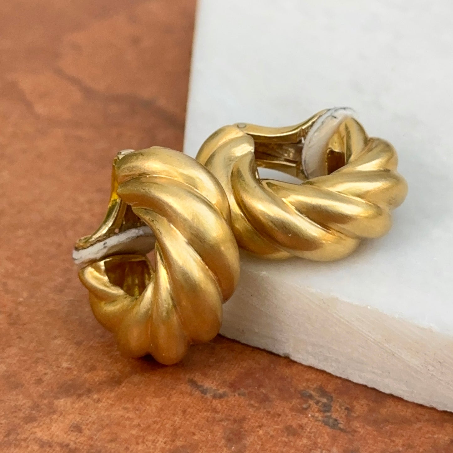 Estate 18KT Yellow Gold Matte Twist Hoop Earrings Clip-On