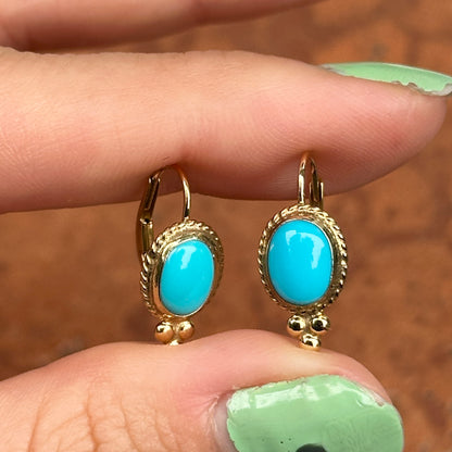 14KT Yellow Gold Cabochon Oval Turquoise Frame Lever Back Earrings