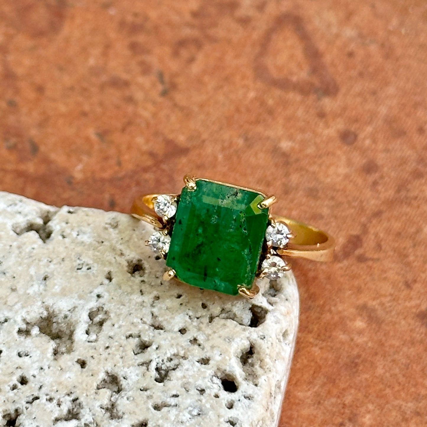 Estate 18KT Yellow Gold Emerald-Cut 3.00 CT Emerald + Diamond Ring