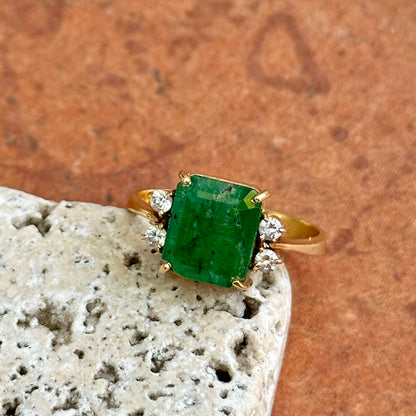 Estate 18KT Yellow Gold Emerald-Cut 3.00 CT Emerald + Diamond Ring