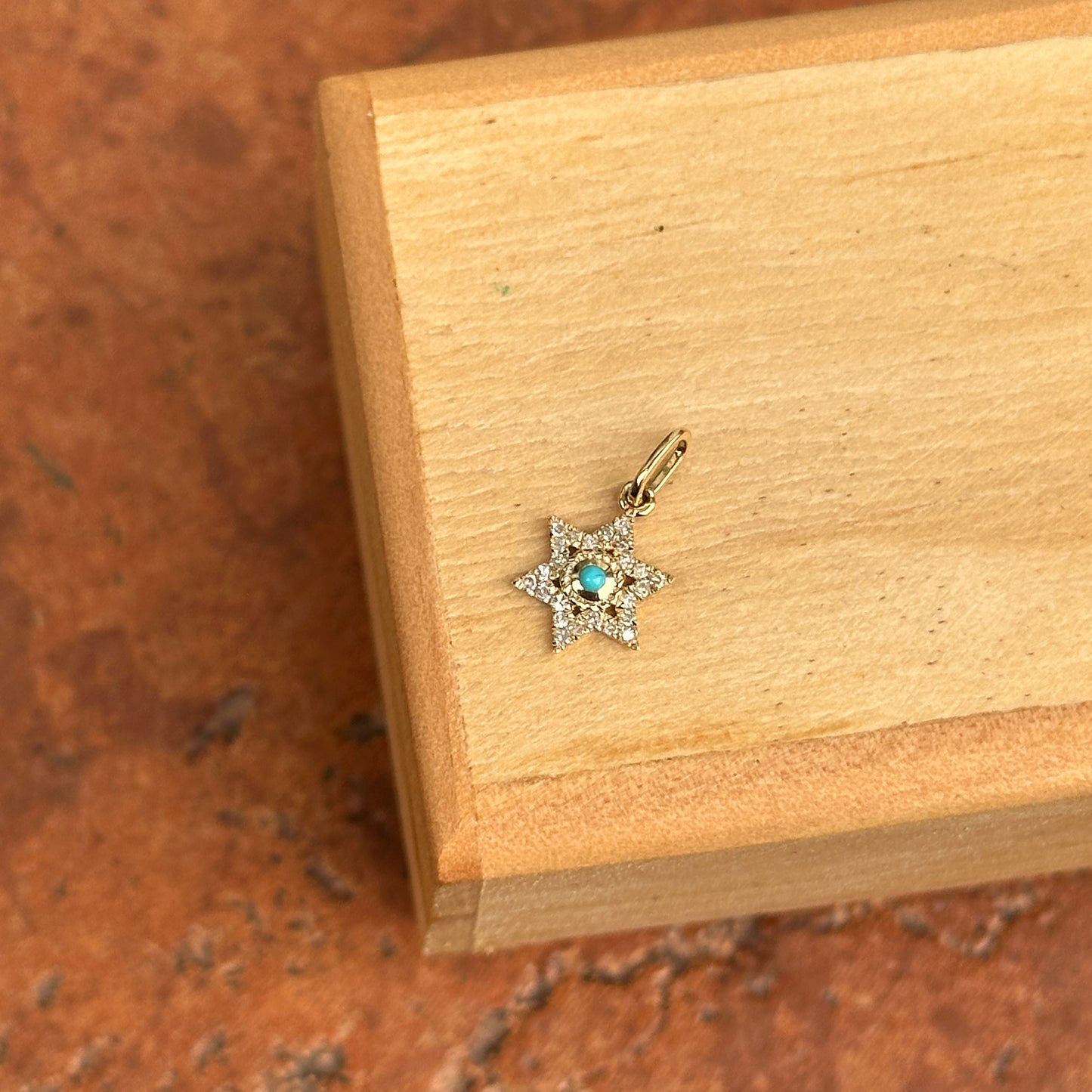 14KT Yellow Gold Blue Turquoise + Pave Diamond Star of David Pendant Charm