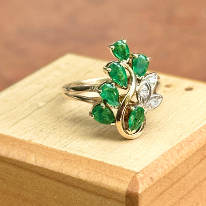 Estate 14KT Yellow Gold Pear Emerald + Diamond Cluster Ring
