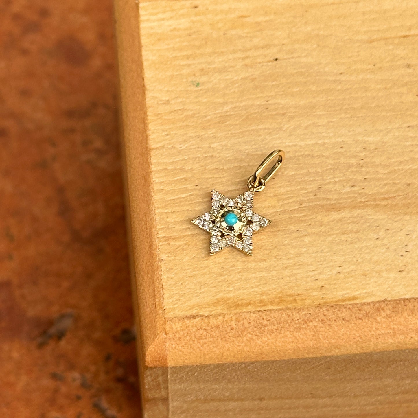 14KT Yellow Gold Blue Turquoise + Pave Diamond Star of David Pendant Charm