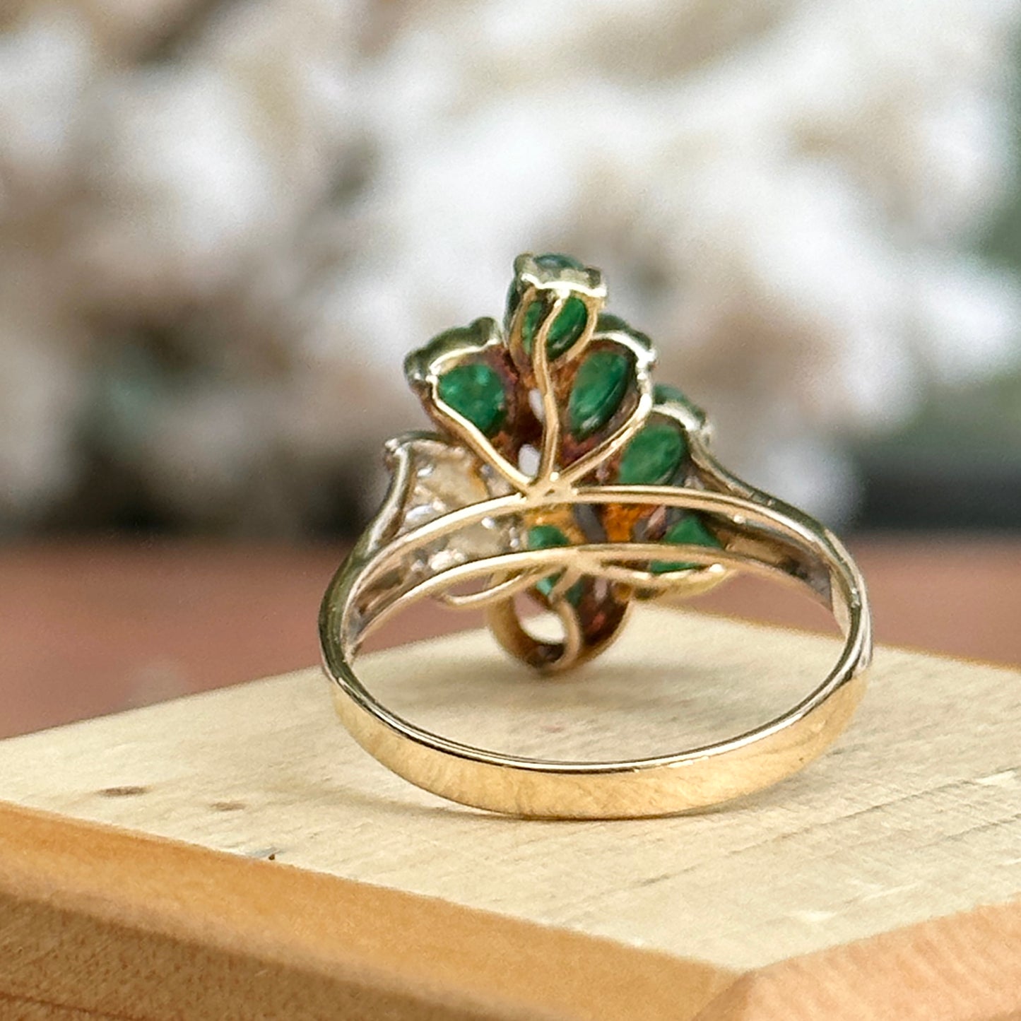 Estate 14KT Yellow Gold Pear Emerald + Diamond Cluster Ring