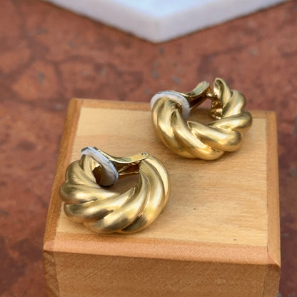 Estate 18KT Yellow Gold Matte Twist Hoop Earrings Clip-On