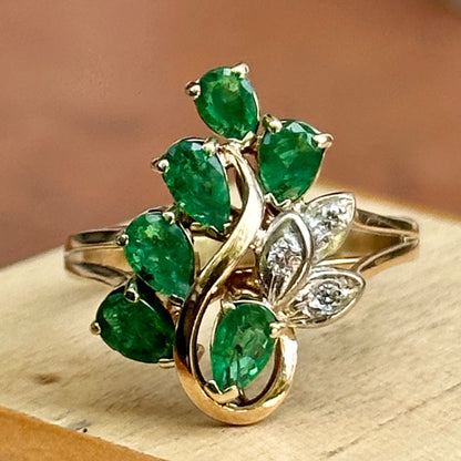 Estate 14KT Yellow Gold Pear Emerald + Diamond Cluster Ring