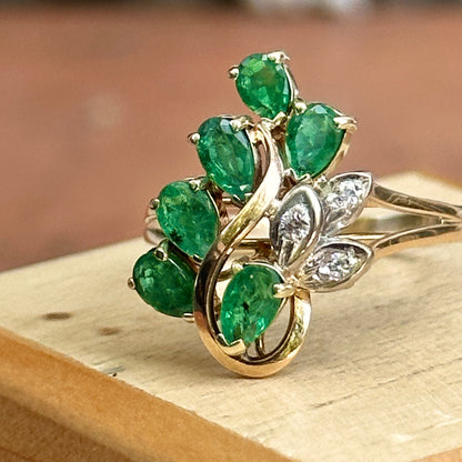Estate 14KT Yellow Gold Pear Emerald + Diamond Cluster Ring