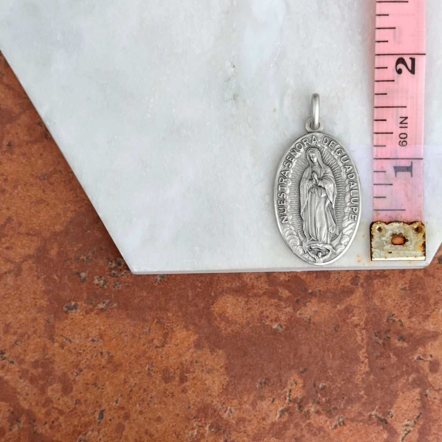 Sterling Silver Our Lady of Guadalupe Matte Oval Medal Pendant 33mm