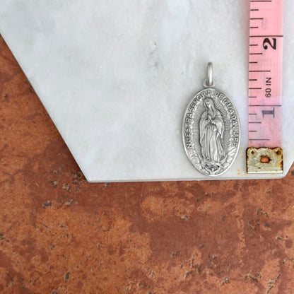 Sterling Silver Our Lady of Guadalupe Matte Oval Medal Pendant 33mm
