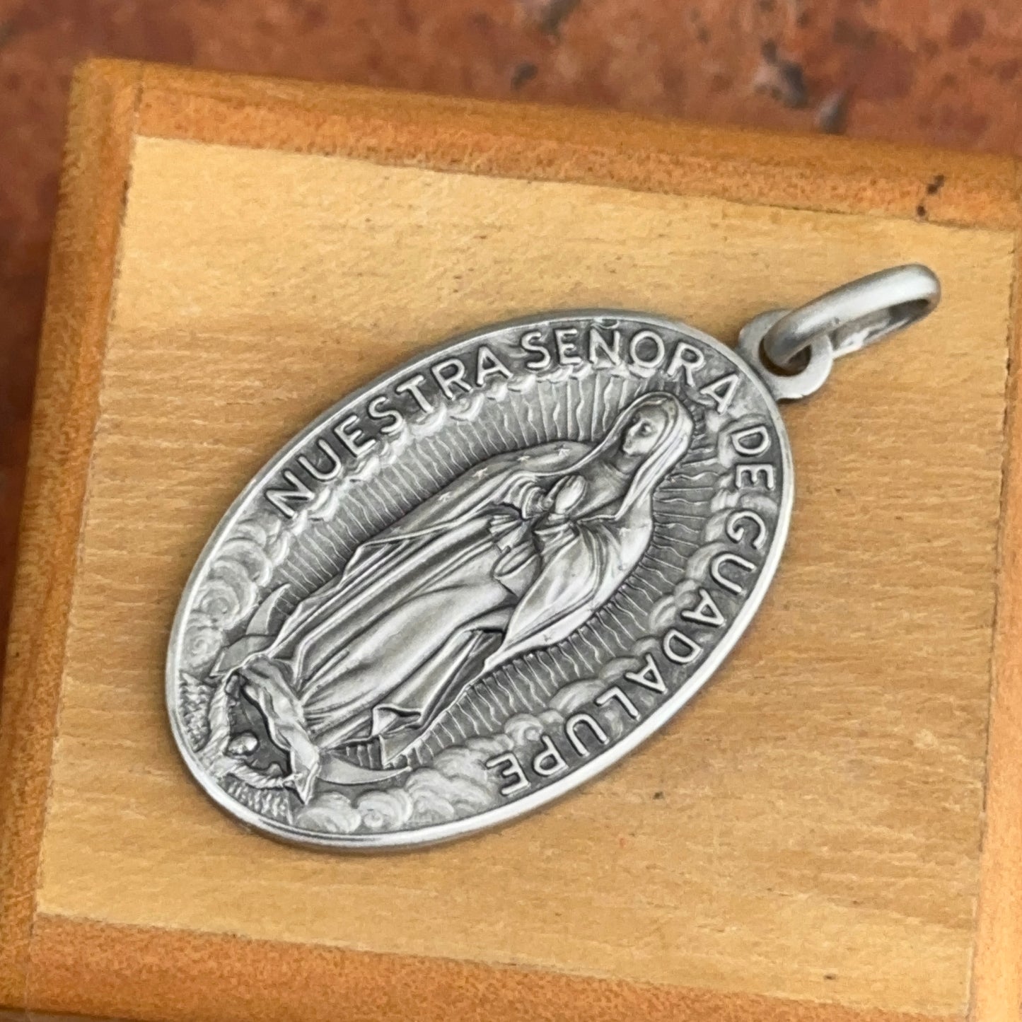 Sterling Silver Our Lady of Guadalupe Matte Oval Medal Pendant 33mm