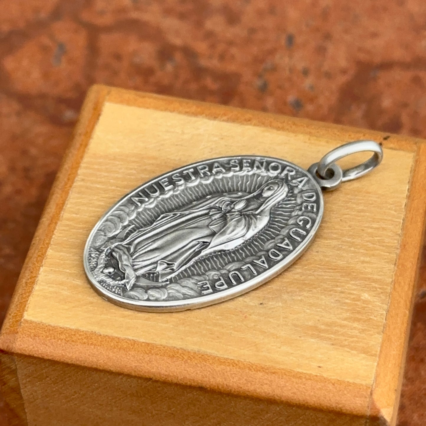 Sterling Silver Our Lady of Guadalupe Matte Oval Medal Pendant 33mm