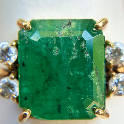 Estate 18KT Yellow Gold Emerald-Cut 3.00 CT Emerald + Diamond Ring