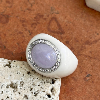 Estate 14KT White Gold Lavender Jade + Diamond Halo Ring