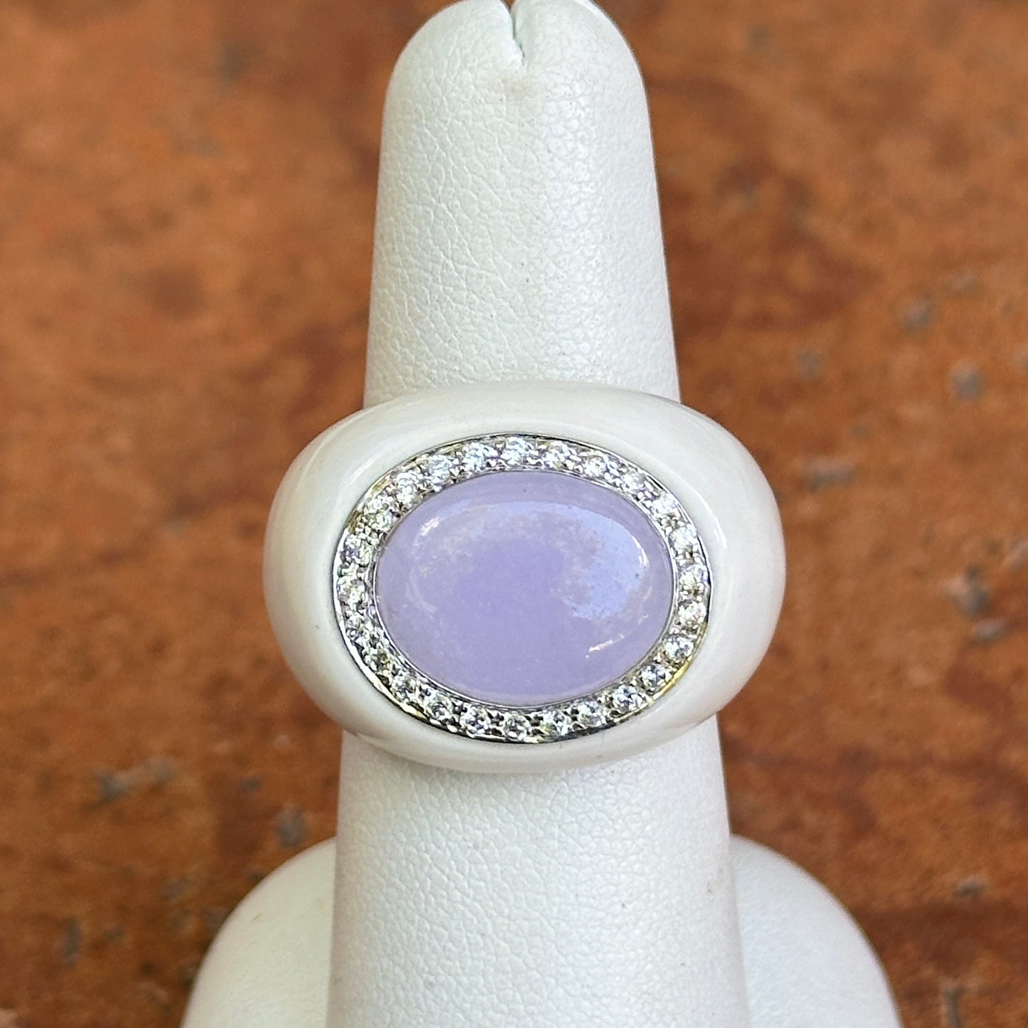 Estate 14KT White Gold Lavender Jade + Diamond Halo Ring