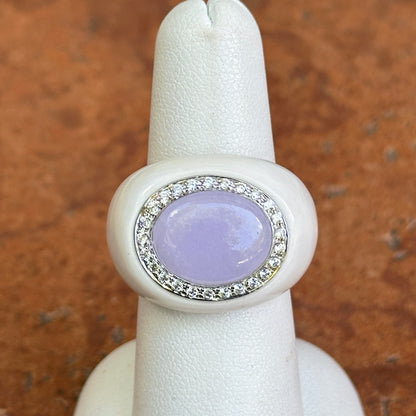 Estate 14KT White Gold Lavender Jade + Diamond Halo Ring