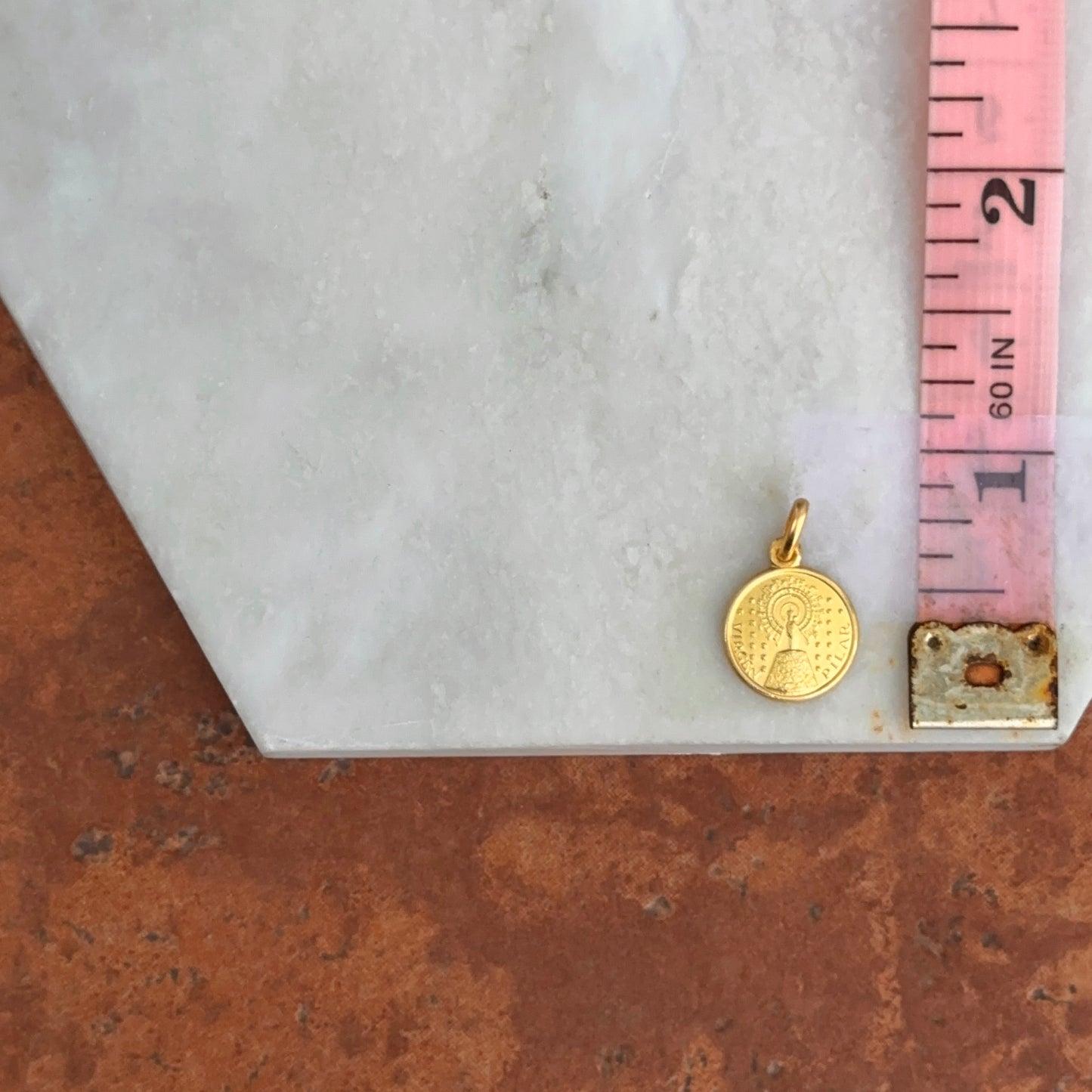 18KT Yellow Gold Matte Our Lady of Pillar Medal Pendant 12mm