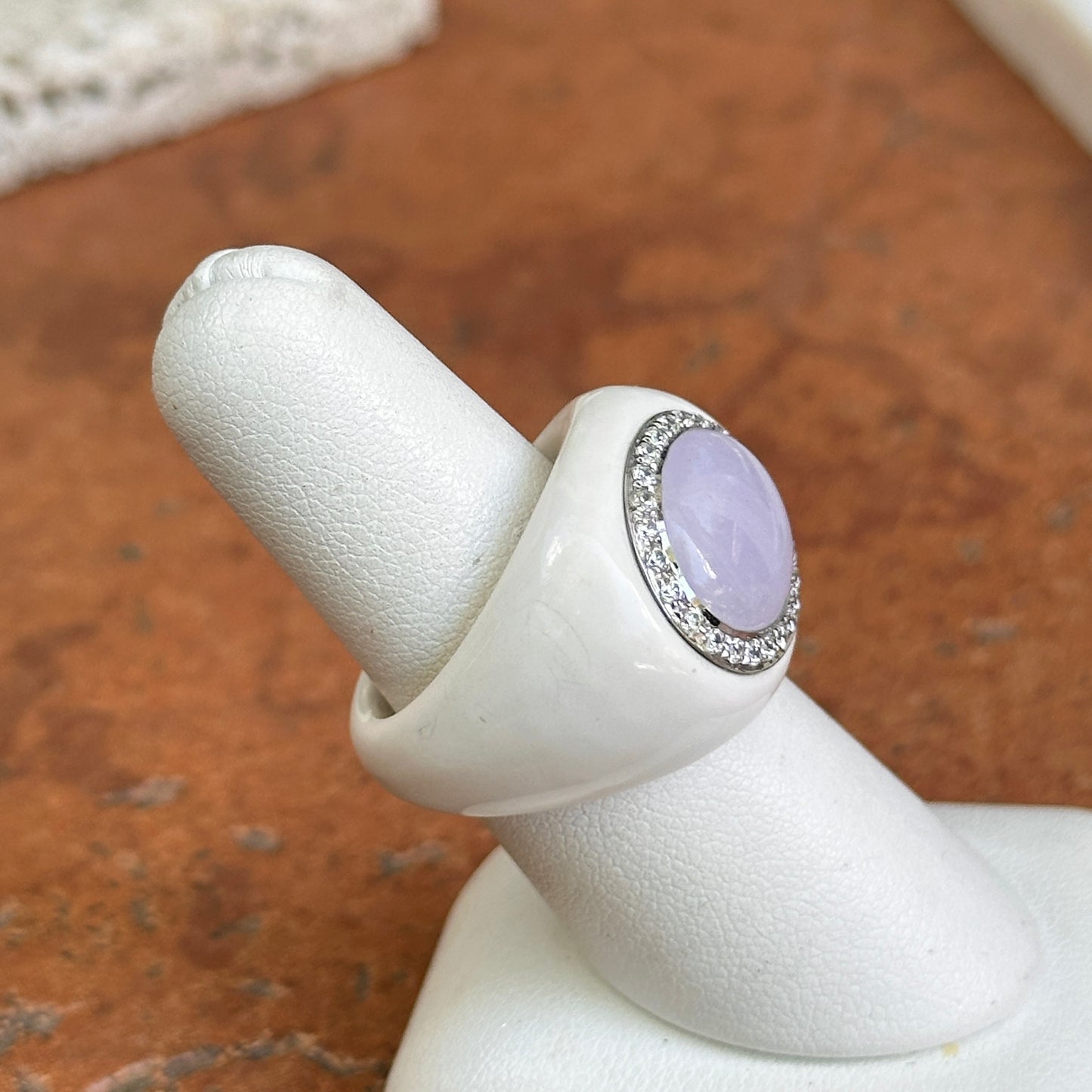 Estate 14KT White Gold Lavender Jade + Diamond Halo Ring