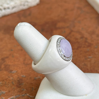 Estate 14KT White Gold Lavender Jade + Diamond Halo Ring