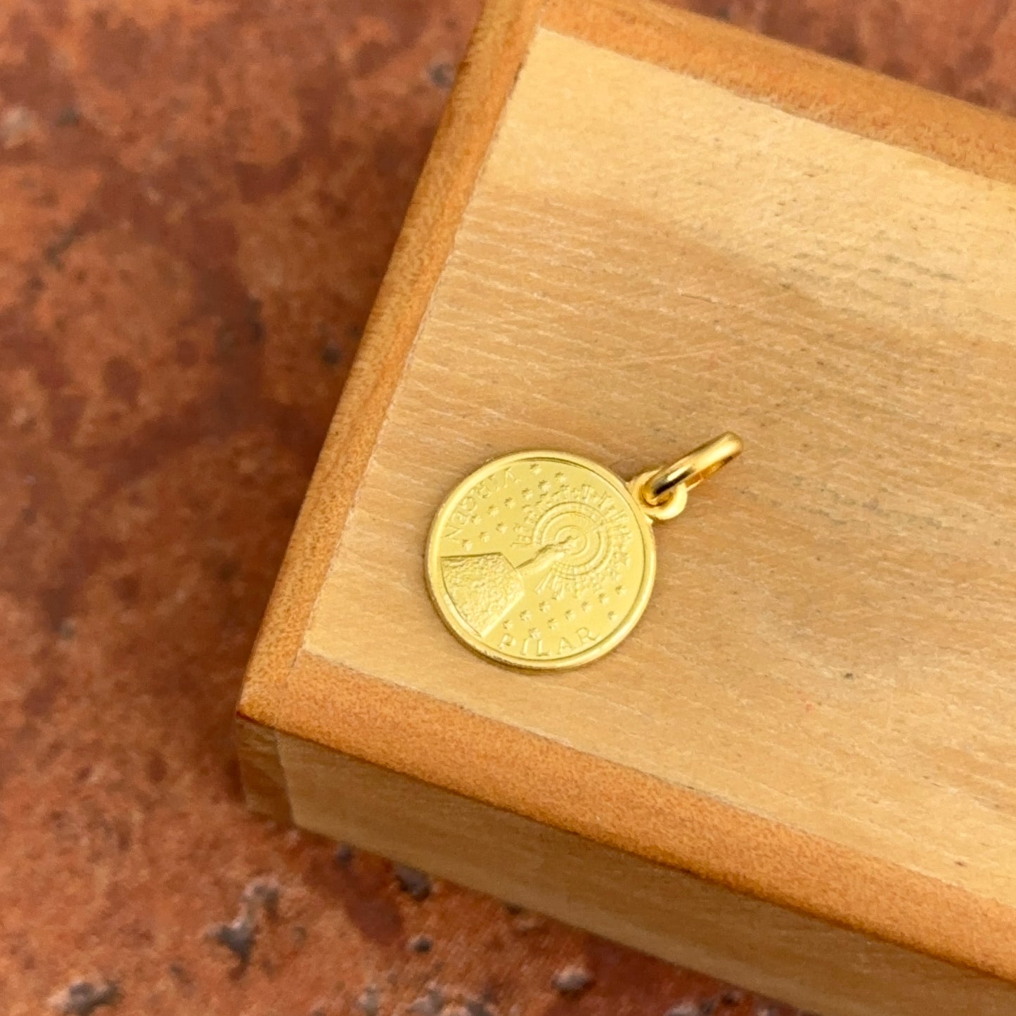 18KT Yellow Gold Matte Our Lady of Pillar Medal Pendant 12mm