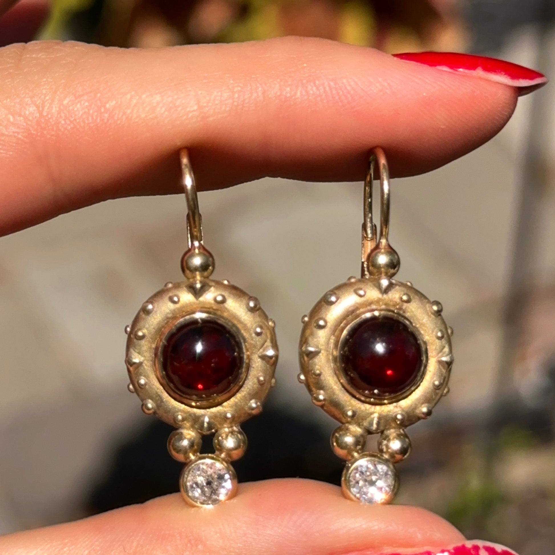 Antique Byzantine 14KT Yellow Gold Cabochon Garnet Diamond Drop
