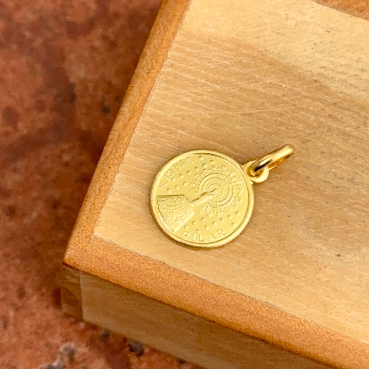 18KT Yellow Gold Matte Our Lady of Pillar Medal Pendant 12mm