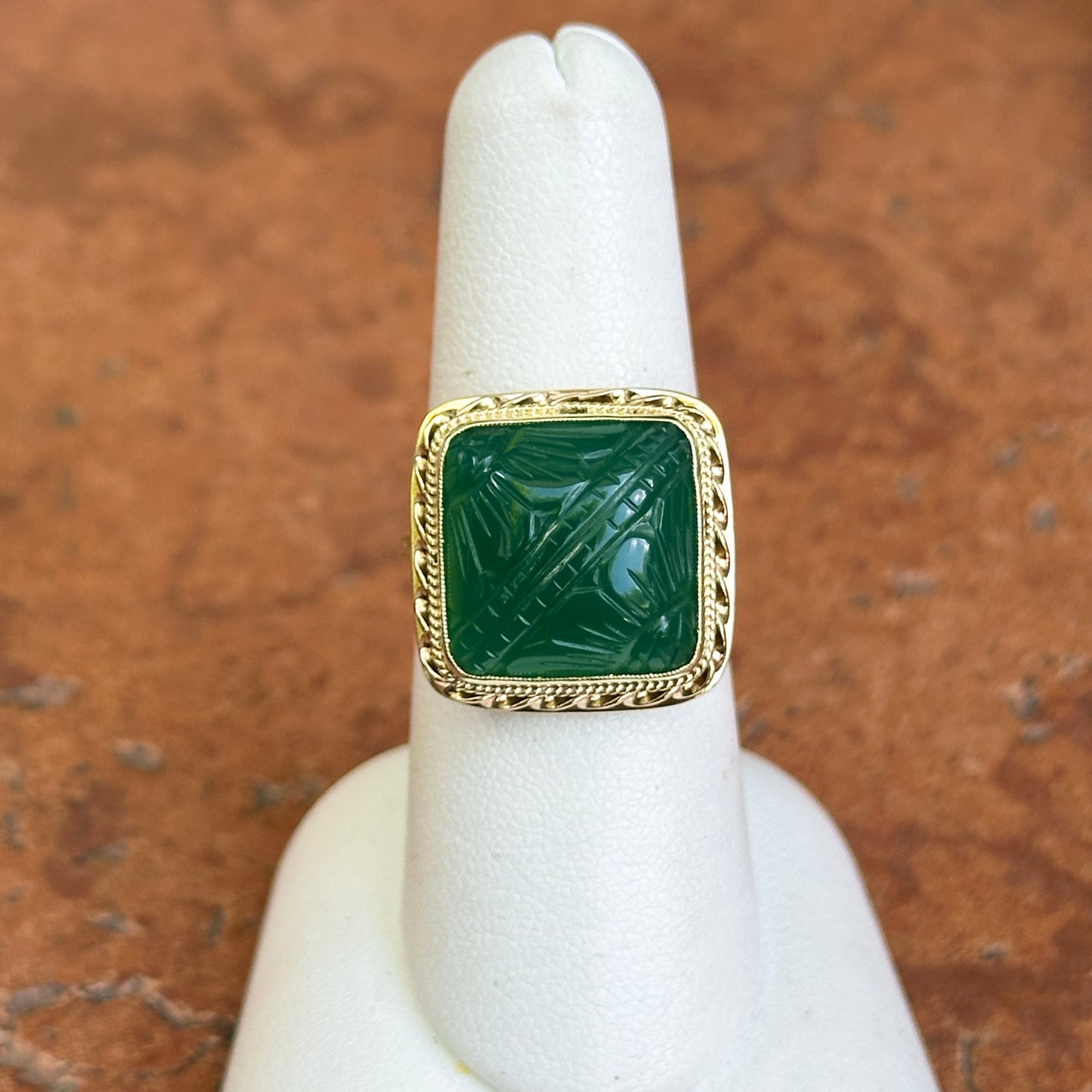 Estate 14KT Yellow Gold Carved Green Onyx Bezel Ring