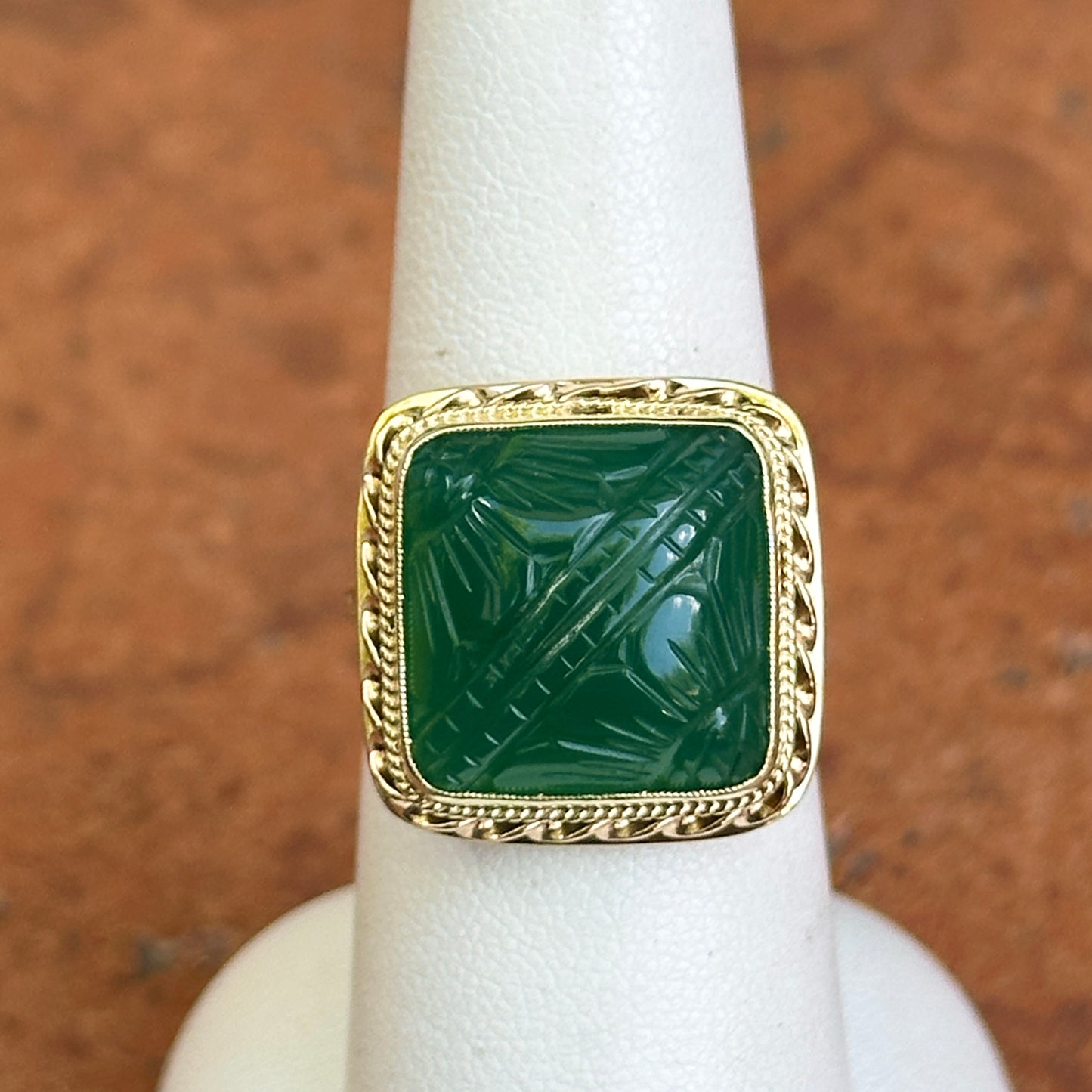 Estate 14KT Yellow Gold Carved Green Onyx Bezel Ring