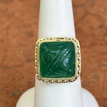 Estate 14KT Yellow Gold Carved Green Onyx Bezel Ring