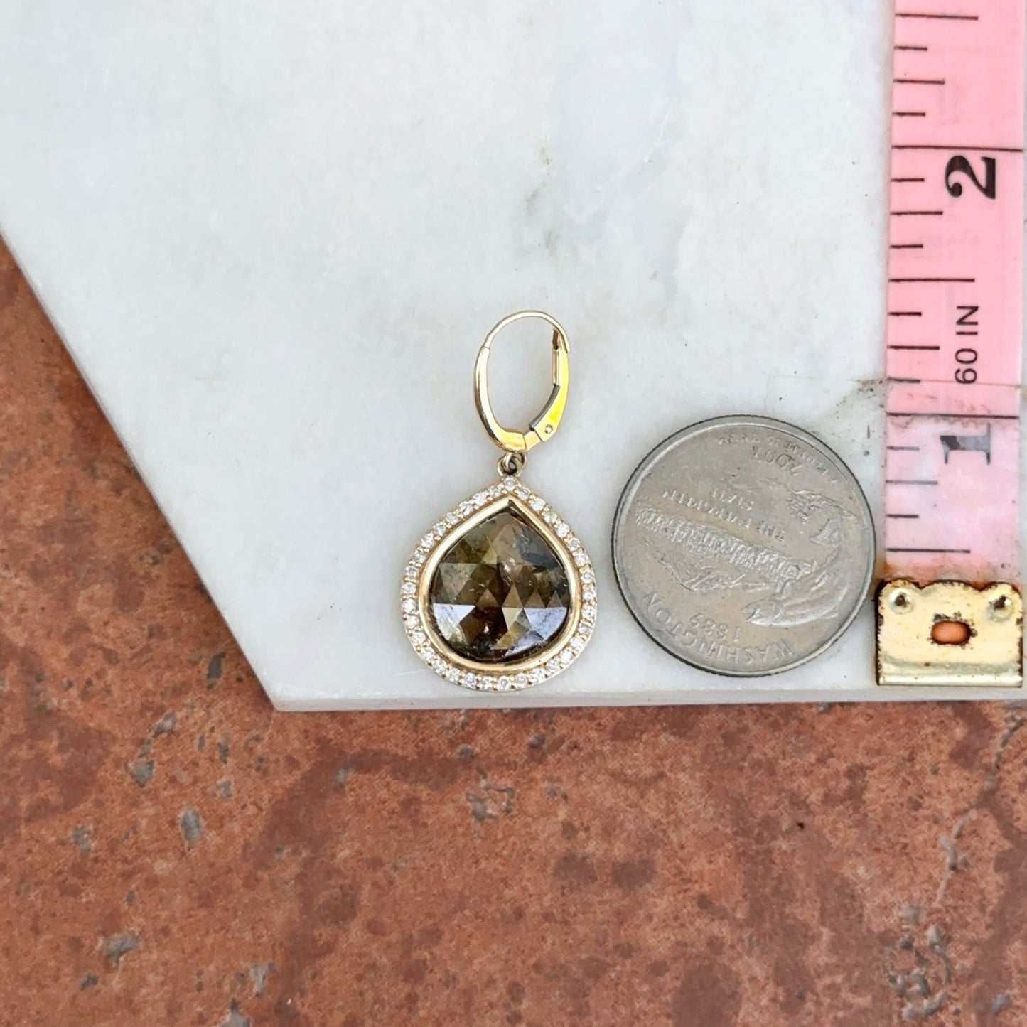 14KT Yellow Gold Bezel-Set Oblong Gray Diamond Slice + Halo Dangle Earrings