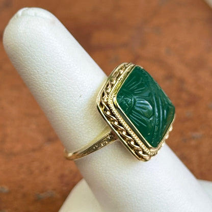 Estate 14KT Yellow Gold Carved Green Onyx Bezel Ring