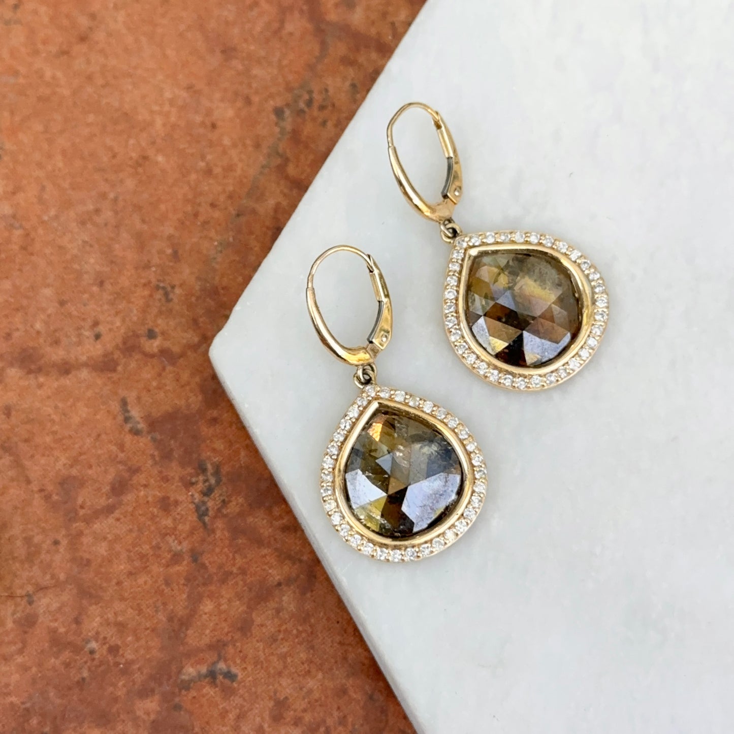 14KT Yellow Gold Bezel-Set Oblong Gray Diamond Slice + Halo Dangle Earrings