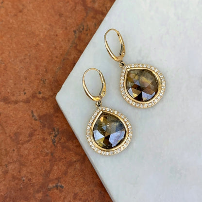 14KT Yellow Gold Bezel-Set Oblong Gray Diamond Slice + Halo Dangle Earrings