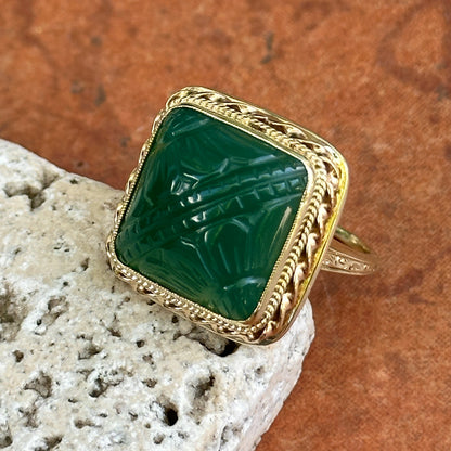 Estate 14KT Yellow Gold Carved Green Onyx Bezel Ring