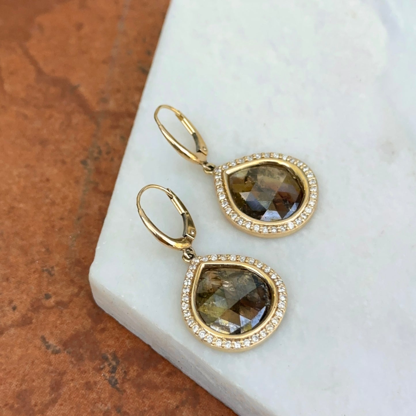 14KT Yellow Gold Bezel-Set Oblong Gray Diamond Slice + Halo Dangle Earrings
