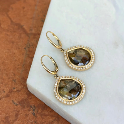14KT Yellow Gold Bezel-Set Oblong Gray Diamond Slice + Halo Dangle Earrings