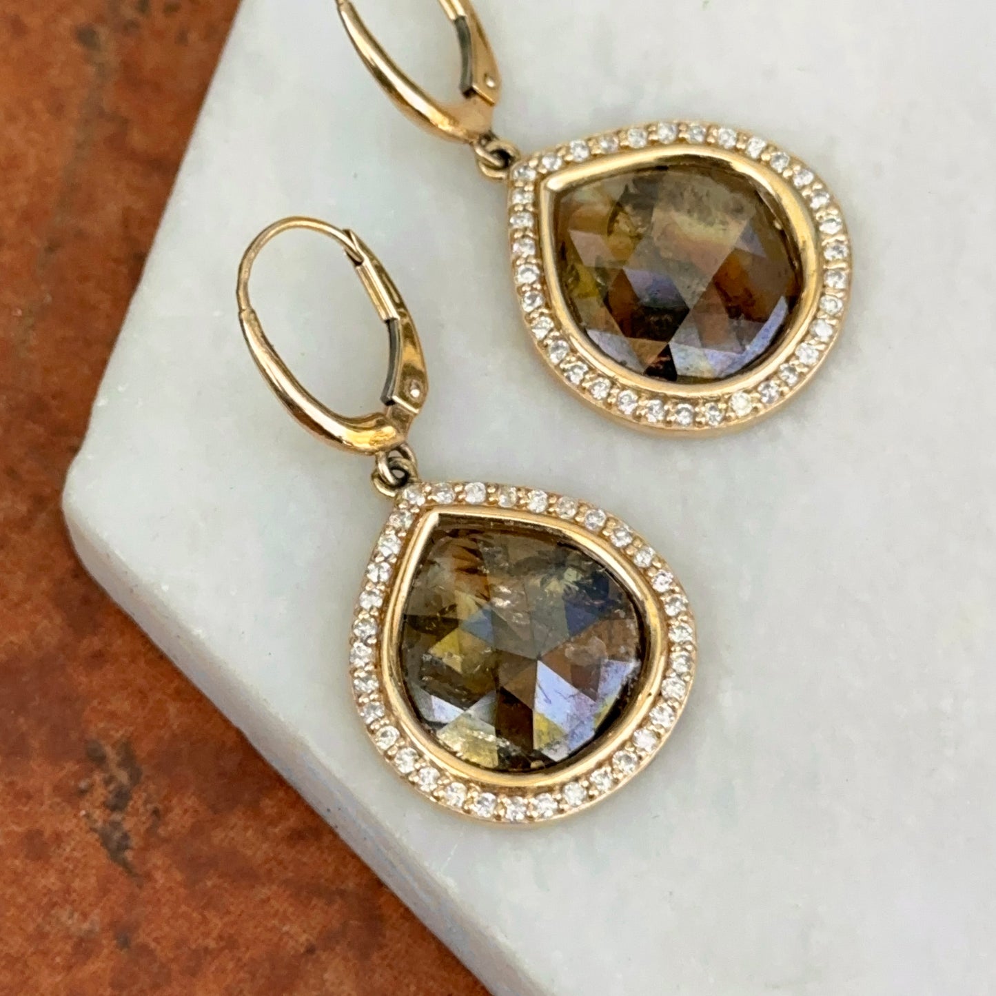 14KT Yellow Gold Bezel-Set Oblong Gray Diamond Slice + Halo Dangle Earrings