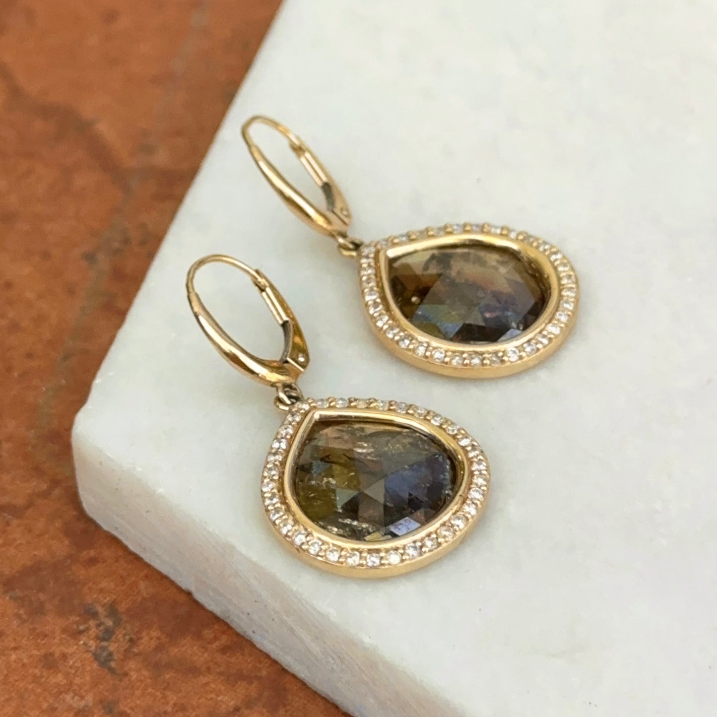 14KT Yellow Gold Bezel-Set Oblong Gray Diamond Slice + Halo Dangle Earrings