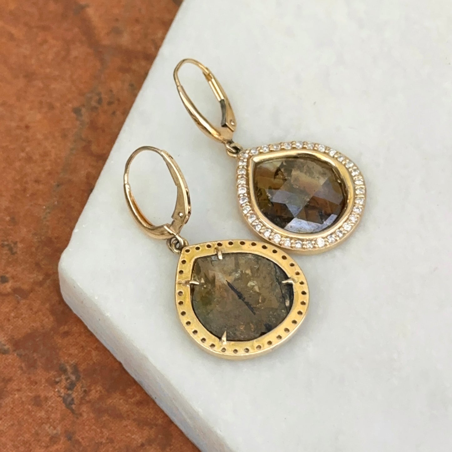 14KT Yellow Gold Bezel-Set Oblong Gray Diamond Slice + Halo Dangle Earrings