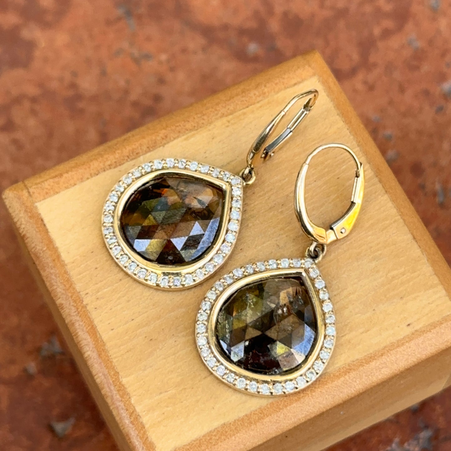 14KT Yellow Gold Bezel-Set Oblong Gray Diamond Slice + Halo Dangle Earrings