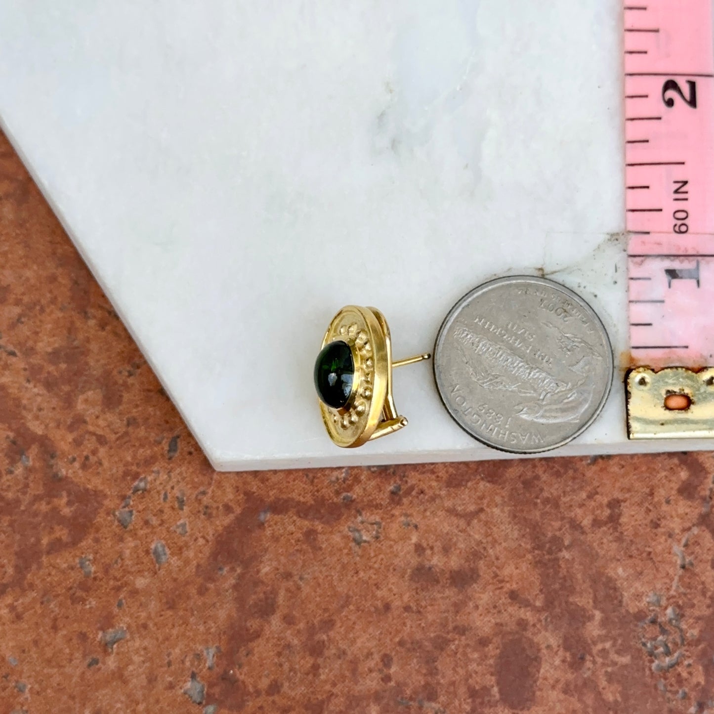 Estate 18KT Yellow Gold Cabochon Green Tourmaline Byzantine Oval Earrings