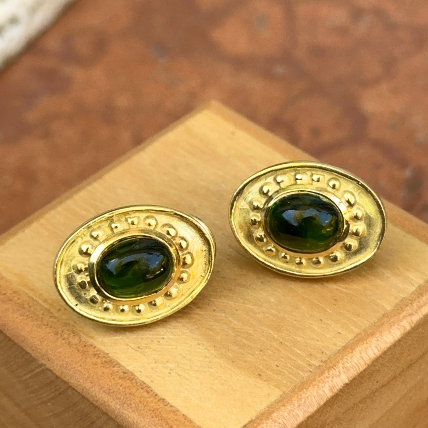 Estate 18KT Yellow Gold Cabochon Green Tourmaline Byzantine Oval Earrings