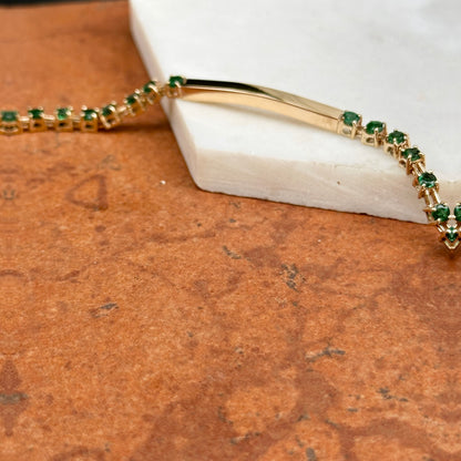 Estate 18KT Yellow Gold Round Emerald Tennis Bar Link Bracelet