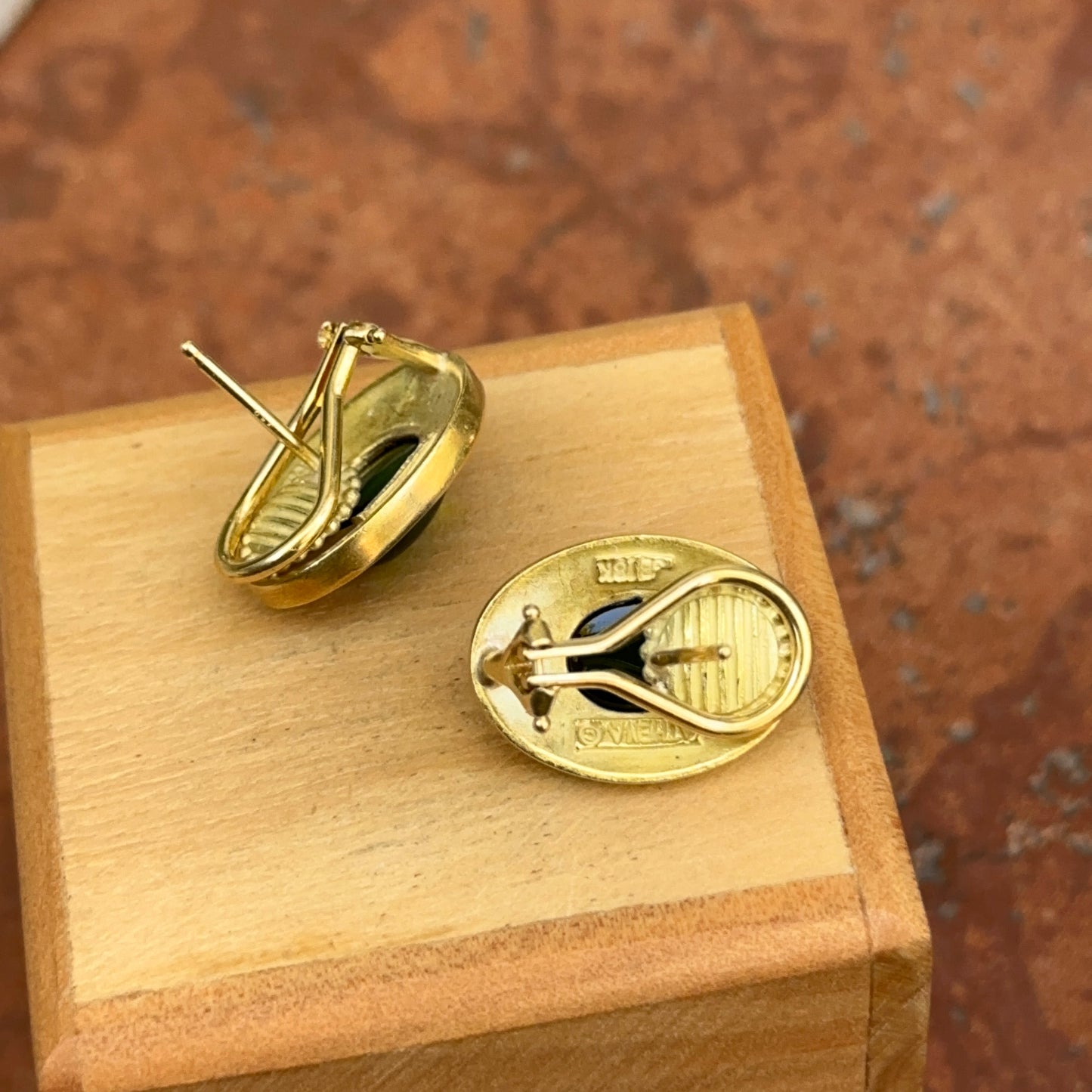 Estate 18KT Yellow Gold Cabochon Green Tourmaline Byzantine Oval Earrings